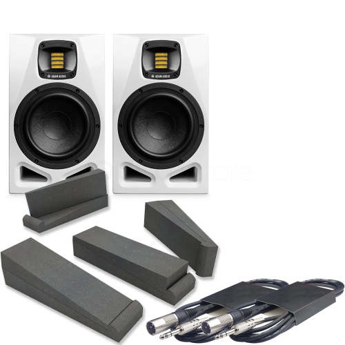 Adam Audio A4V White Active Studio Monitors + Isolation Pads + Leads Bundle