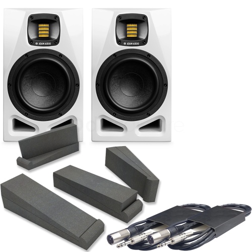 Adam Audio A7V White Active Studio Monitors + Isolation Pads + Leads Bundle