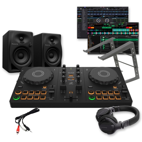 AlphaTheta DDJ-FLX2 DJ Controller + DM-40D Speakers, HDJ-CUE1 Headphones & Laptop Stand Bundle Deal