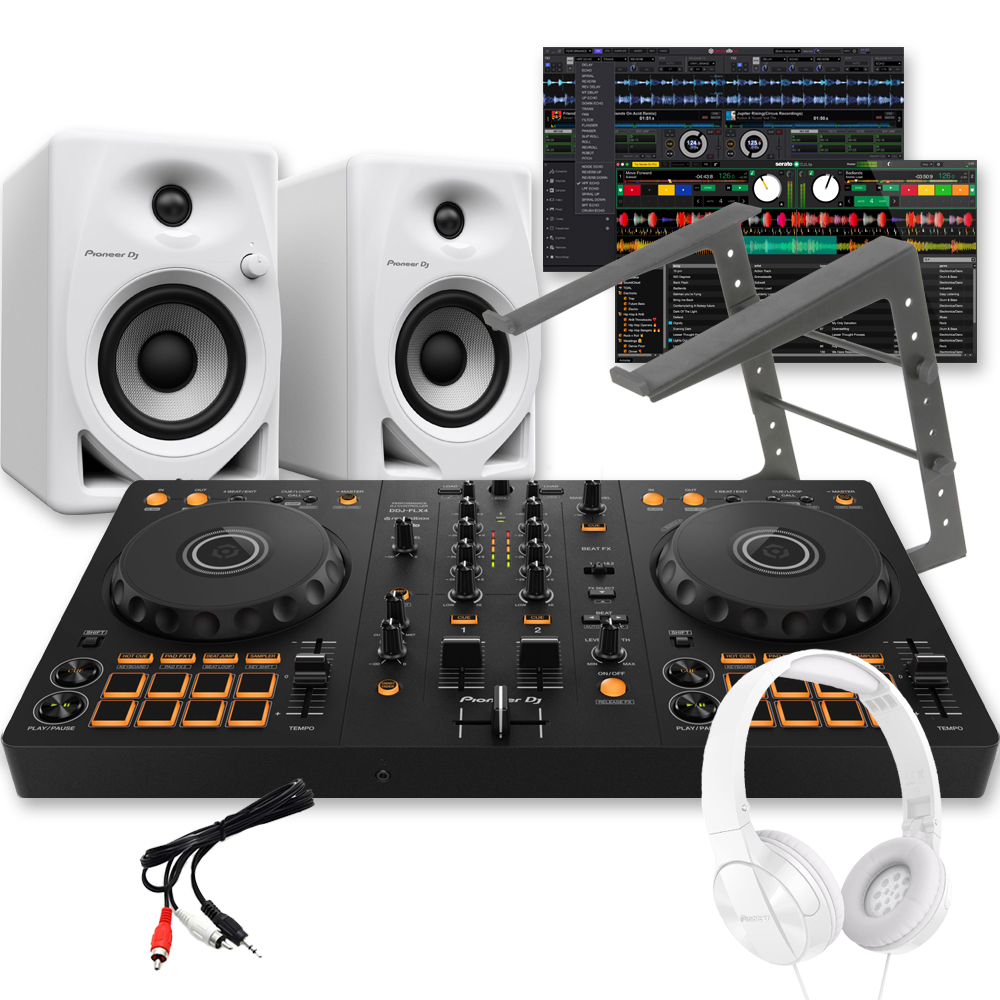 Pioneer DJ DDJ-FLX4 Controller, DM-40D White Speakers, Laptop
