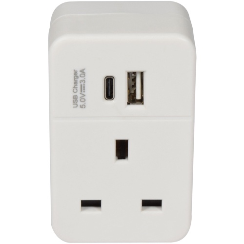 Mercury Plug Through UK Mains Adaptor with USB A and PD fast charging USB C Port (429.691UK)